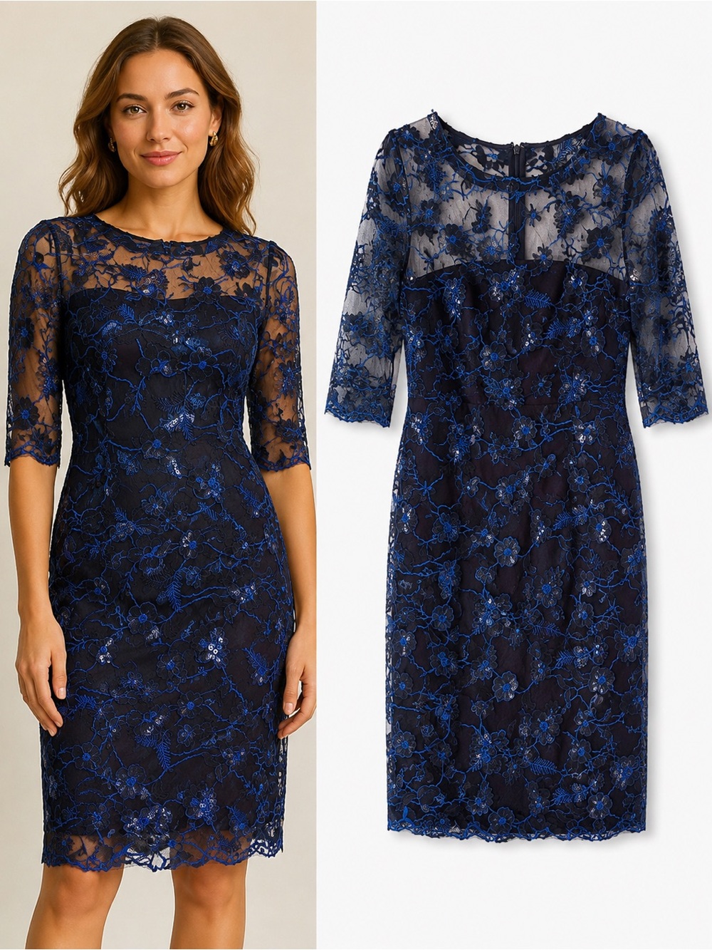 Blue Floral Lace Midi Dress with Sheer Overlay